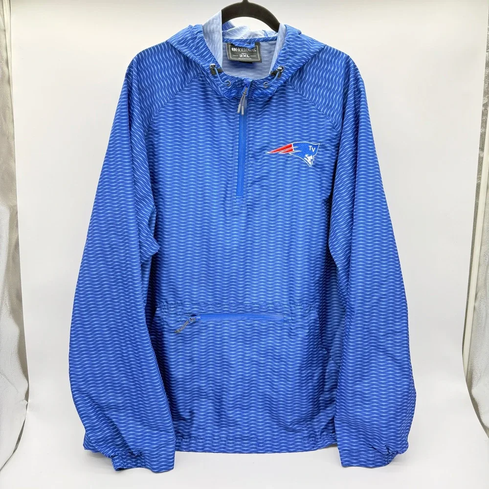 Holloway New England Patriots Windbreaker Mens 2XL Blue QuarterZip Hooded Jacket - Picture 1 of 12